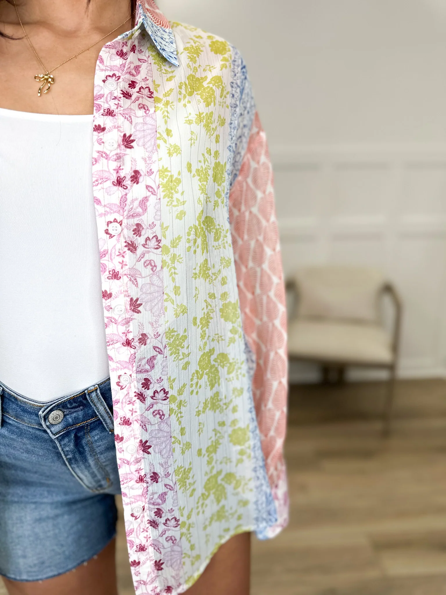 Easel Mixed Signals Sheer Long Sleeve Button Up Top - Image 3