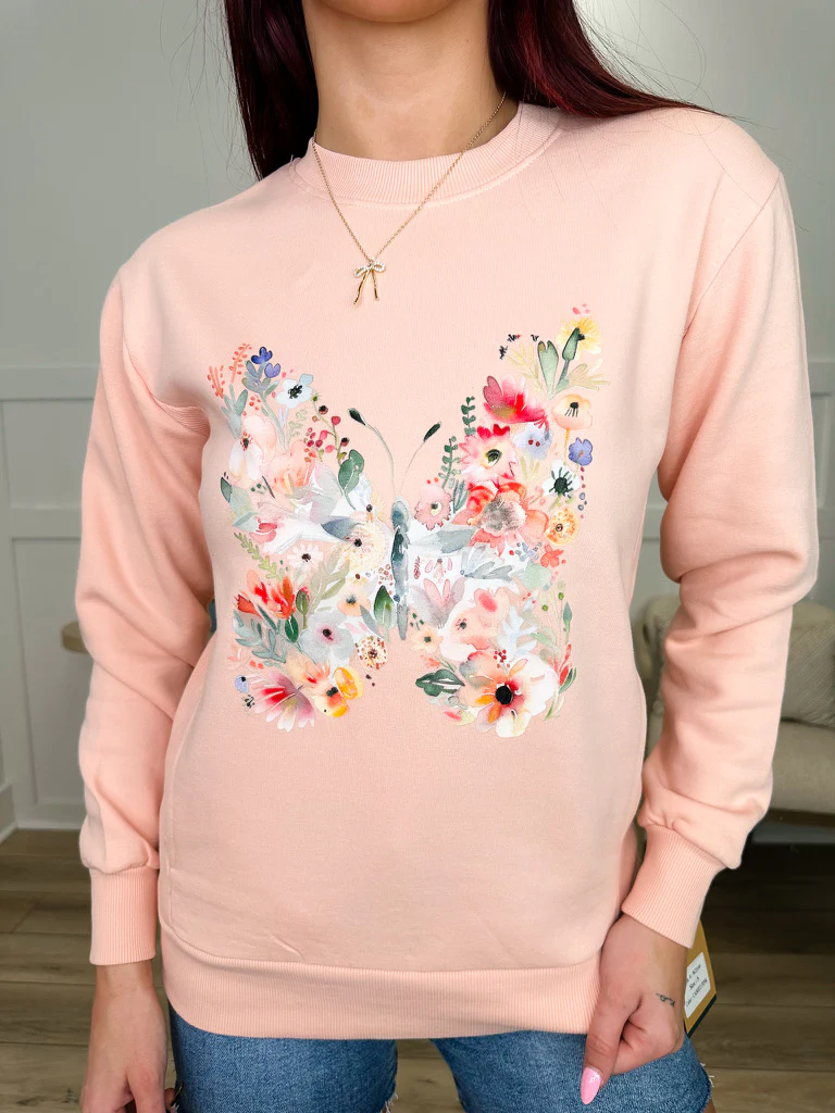 Floral Butterfly Cotton Blend Long Sleeve Avery Mae Graphic Crewneck Sweatshirt - Multiple Colors (MV Sport) - Image 3