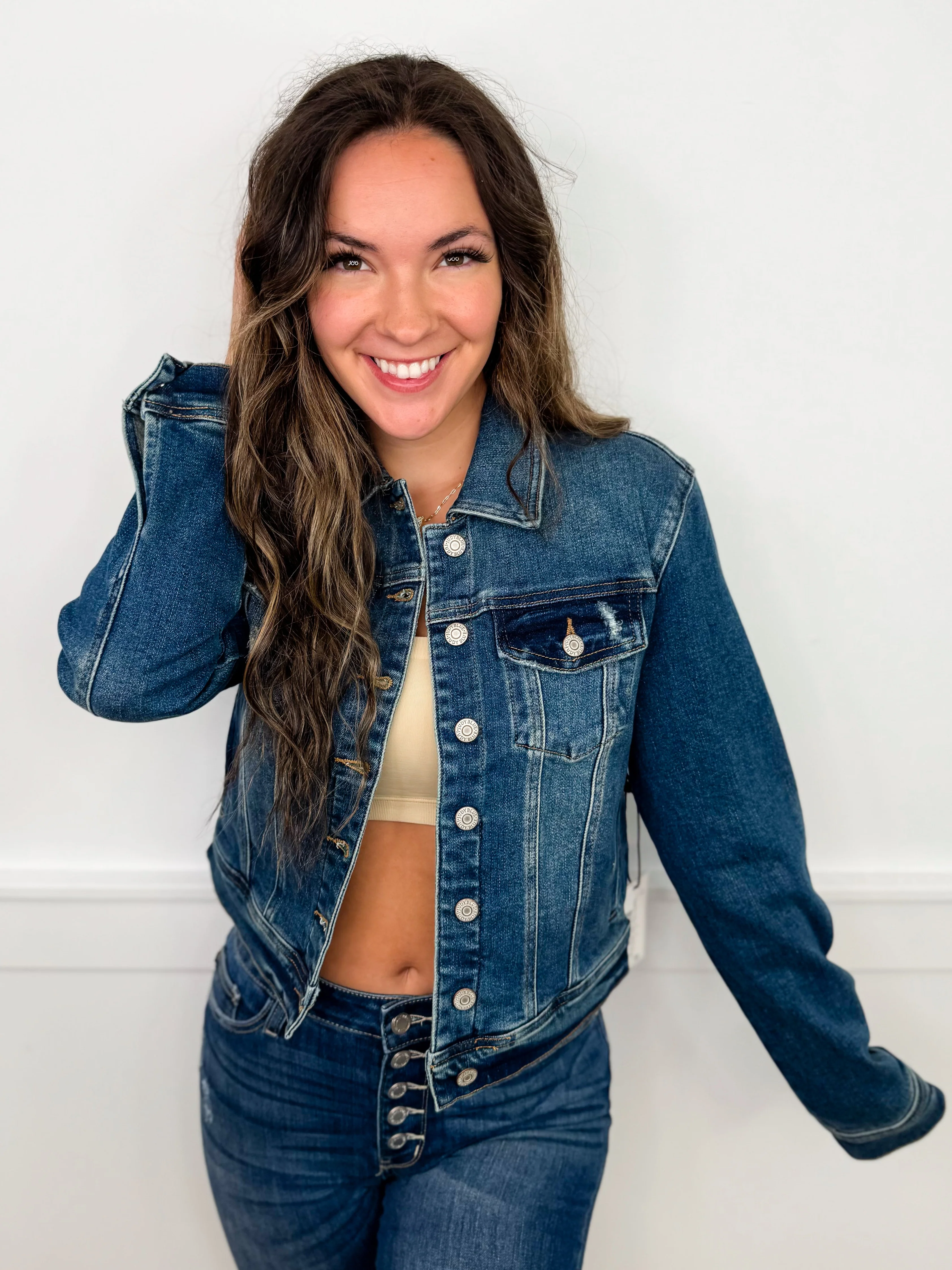 Judy Blue Juliette Distressed Cotton Blend Long Sleeve Dark Wash Denim Jacket - Image 3