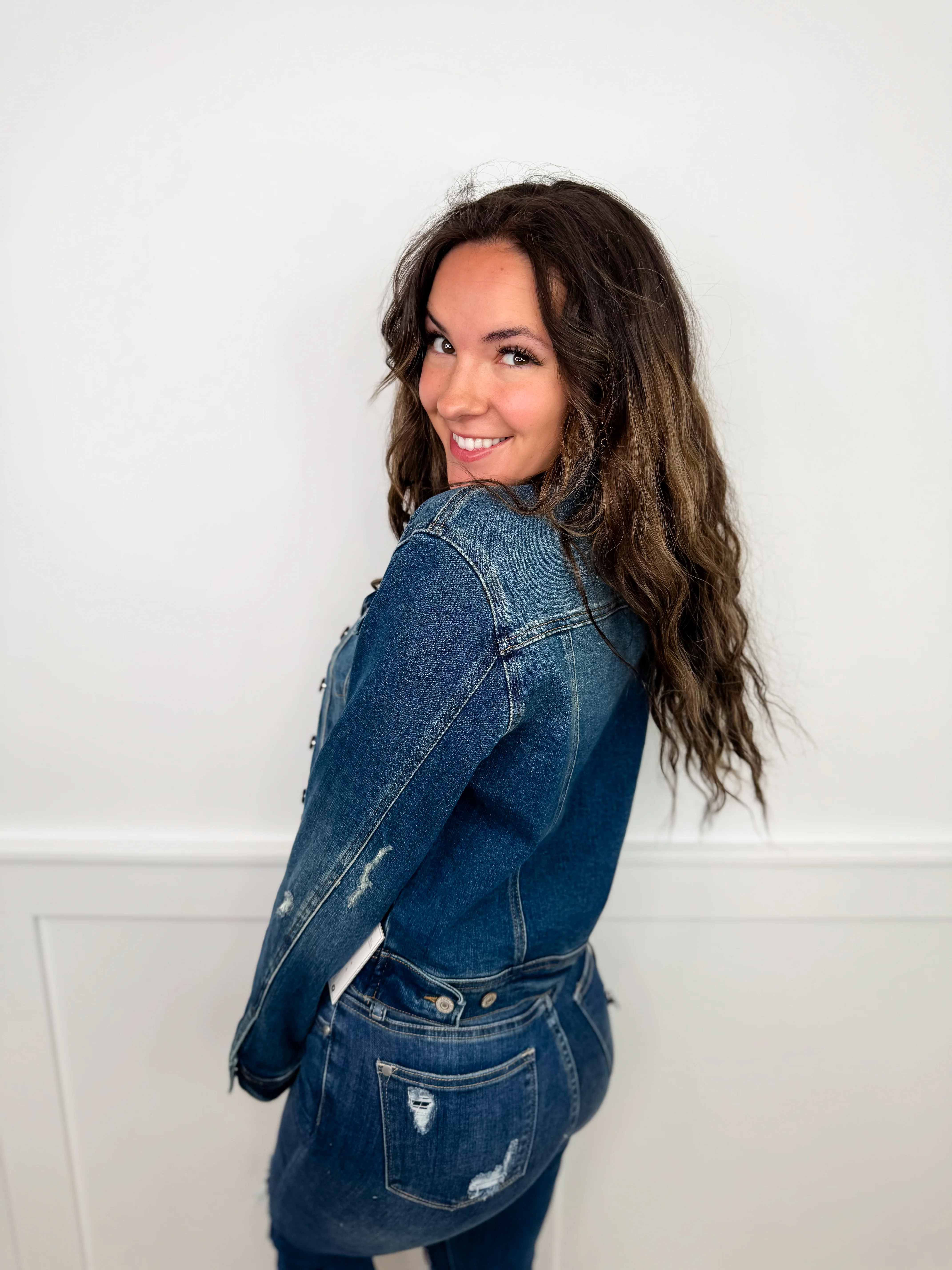 Judy Blue Juliette Distressed Cotton Blend Long Sleeve Dark Wash Denim Jacket - Image 4