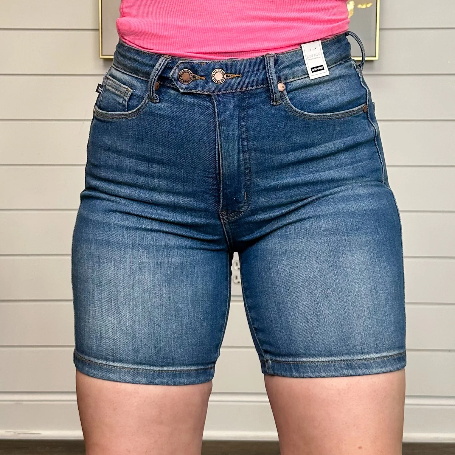 Judy Blue Sara Tummy Control High-Rise Adjustable Double Button Medium Wash Bermuda Shorts - Image 5