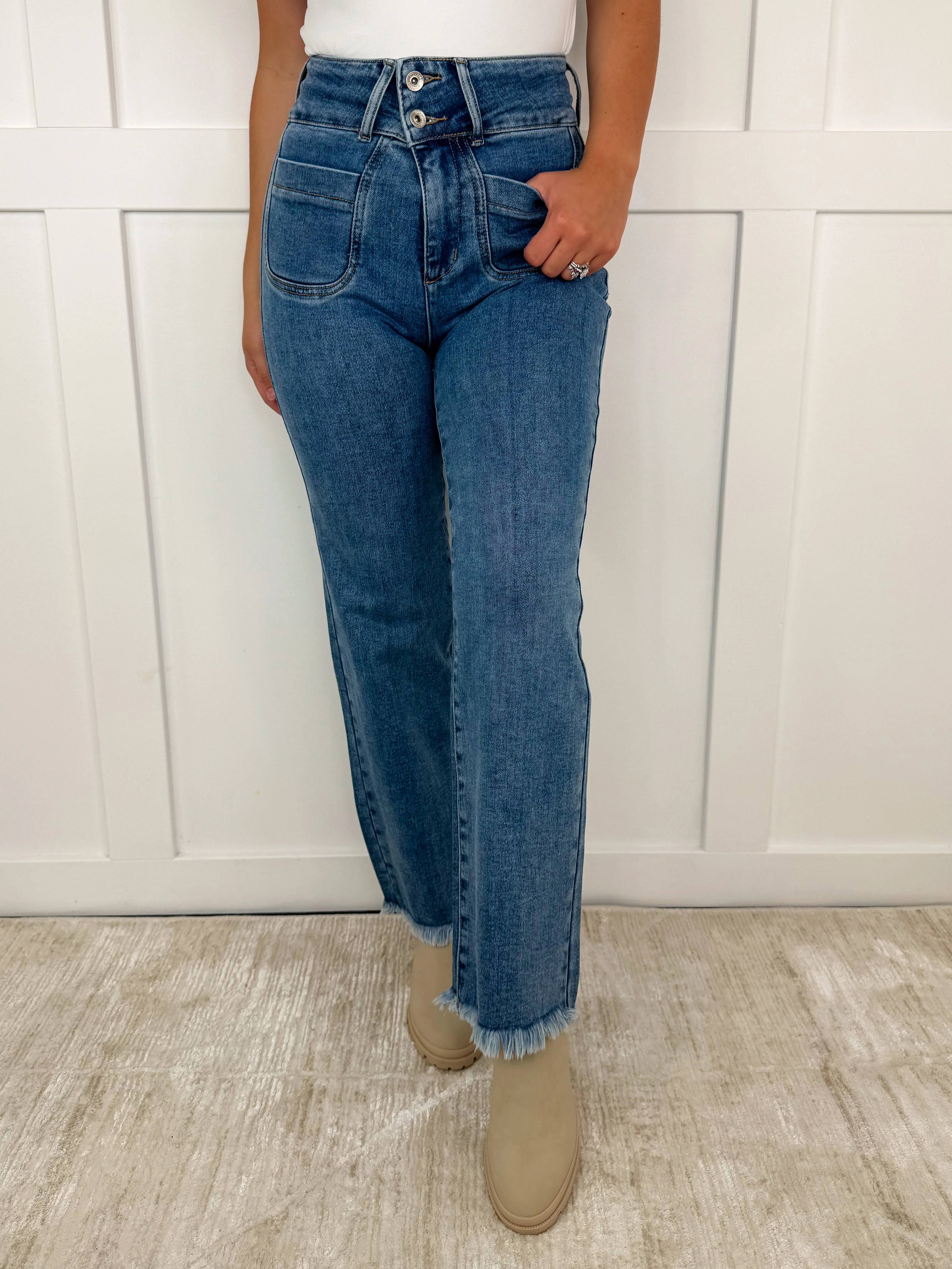 Saige Marie High-Rise Fray Hem Adjustable Quad Button Bootcut Medium Wash Blue Jeans - Image 3