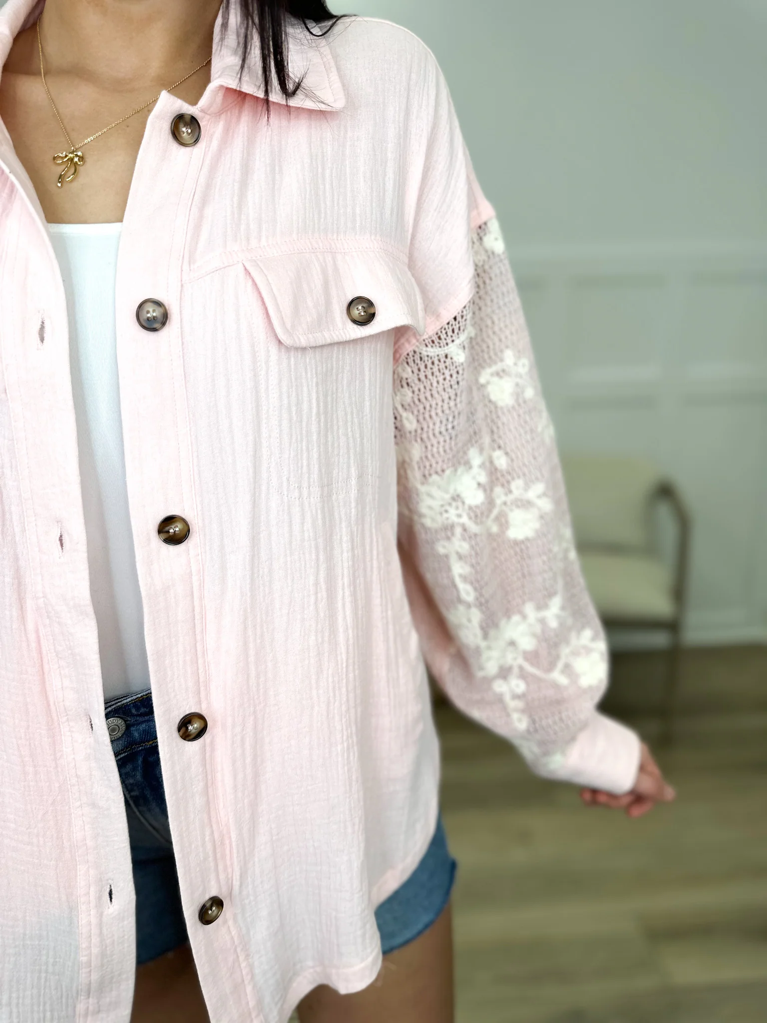 New Version of Me Cotton Blend Long Sleeve Pink Avery Mae Button Up Top - Image 3