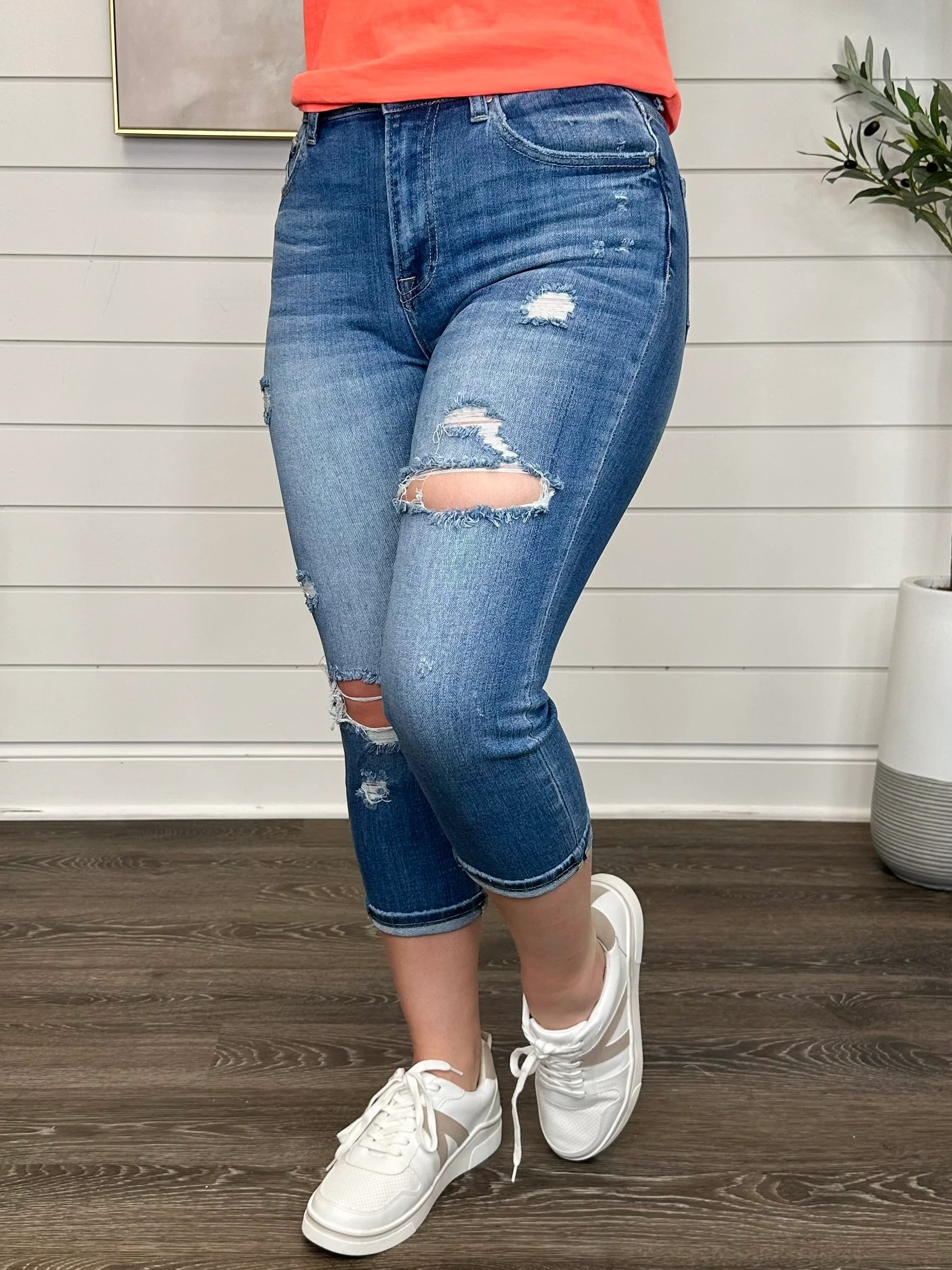 Risen Kaia High-Rise Capris - Medium Wash (Distressed) - Image 4