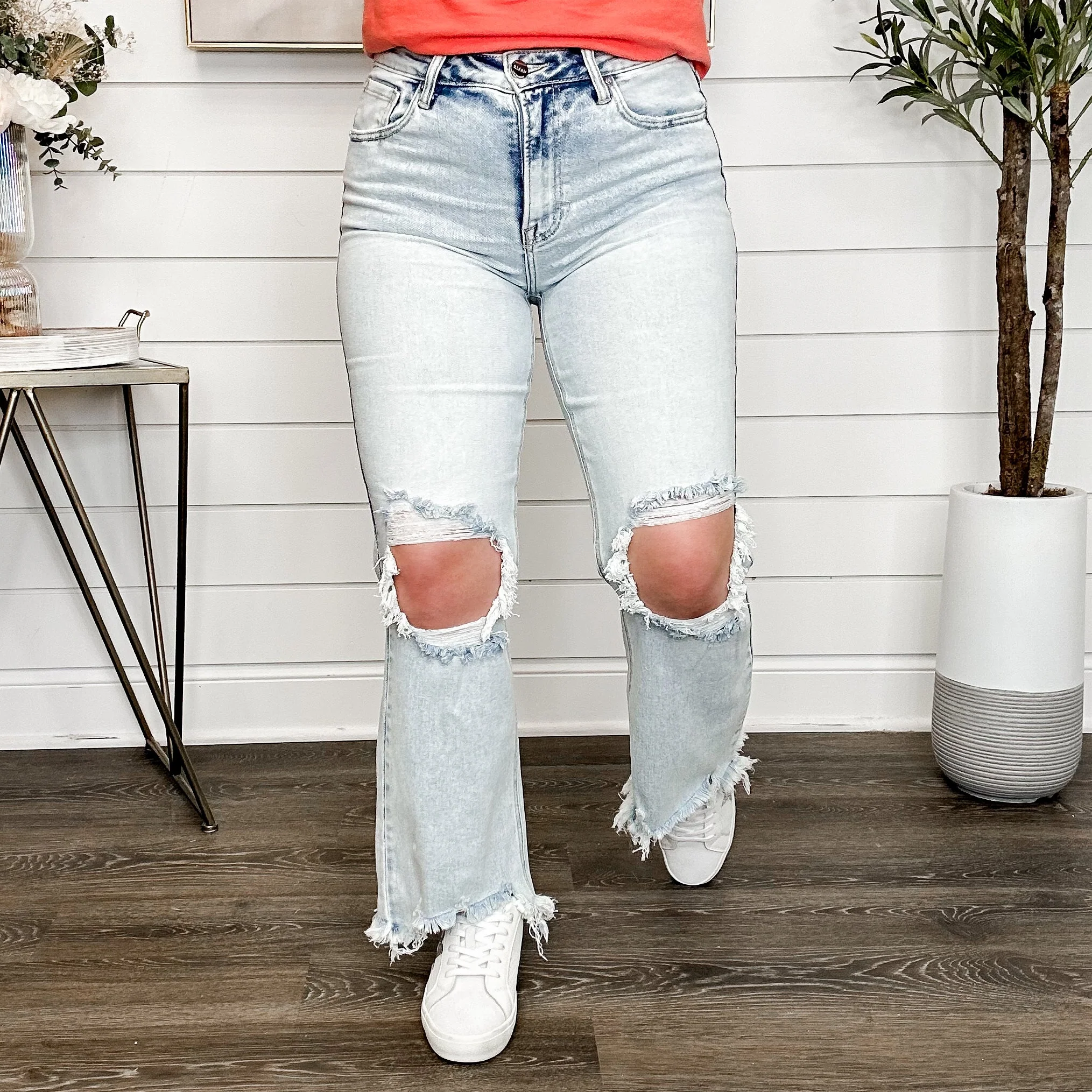 Risen Kristi Distressed High-Rise Straight Leg Cropped Light Acid Wash Blue Jeans - Image 3