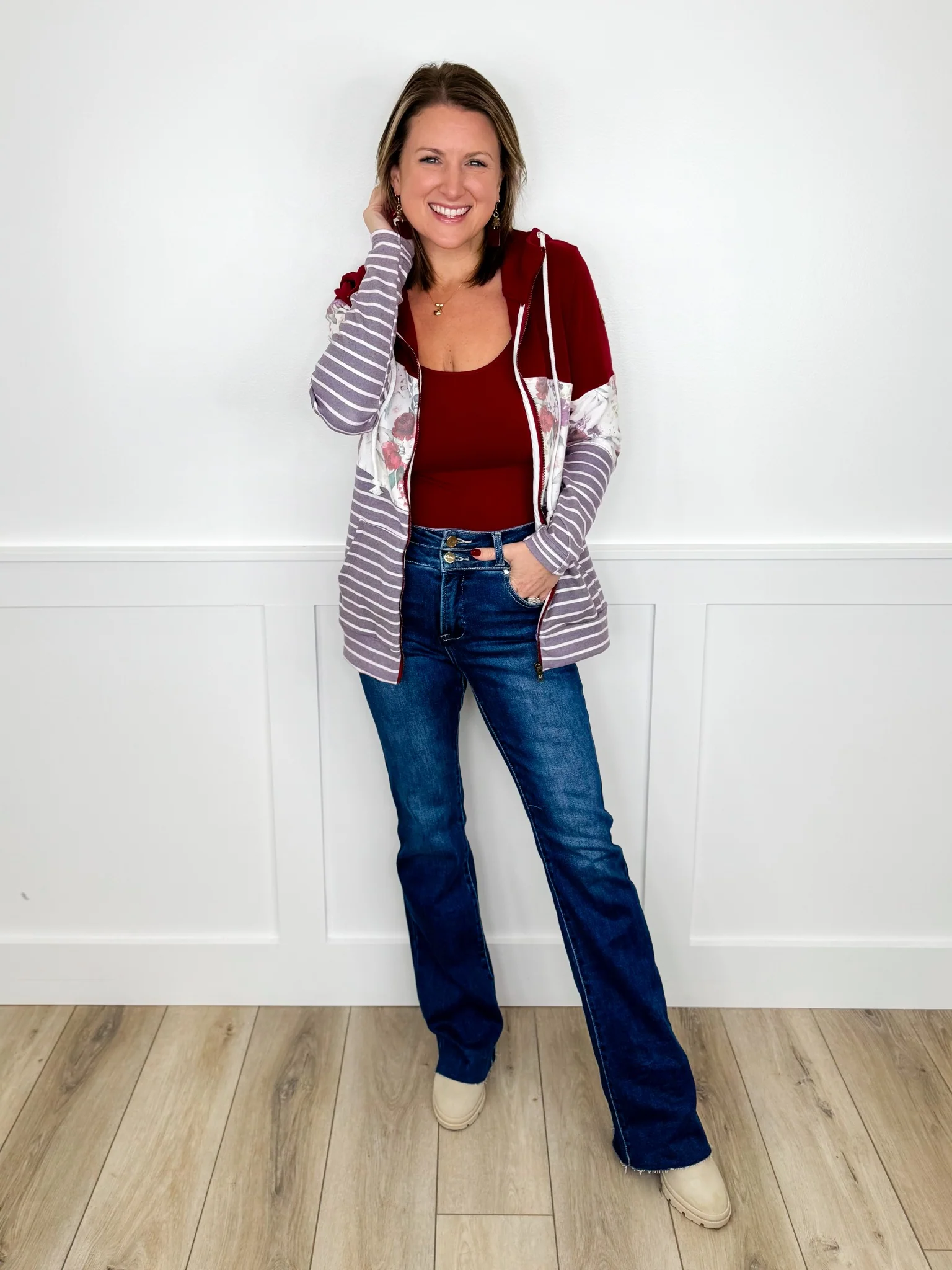 Risen Selena Tummy Control High-Rise Double Button Raw Hem Bootcut Dark Wash Blue Jeans - Image 6