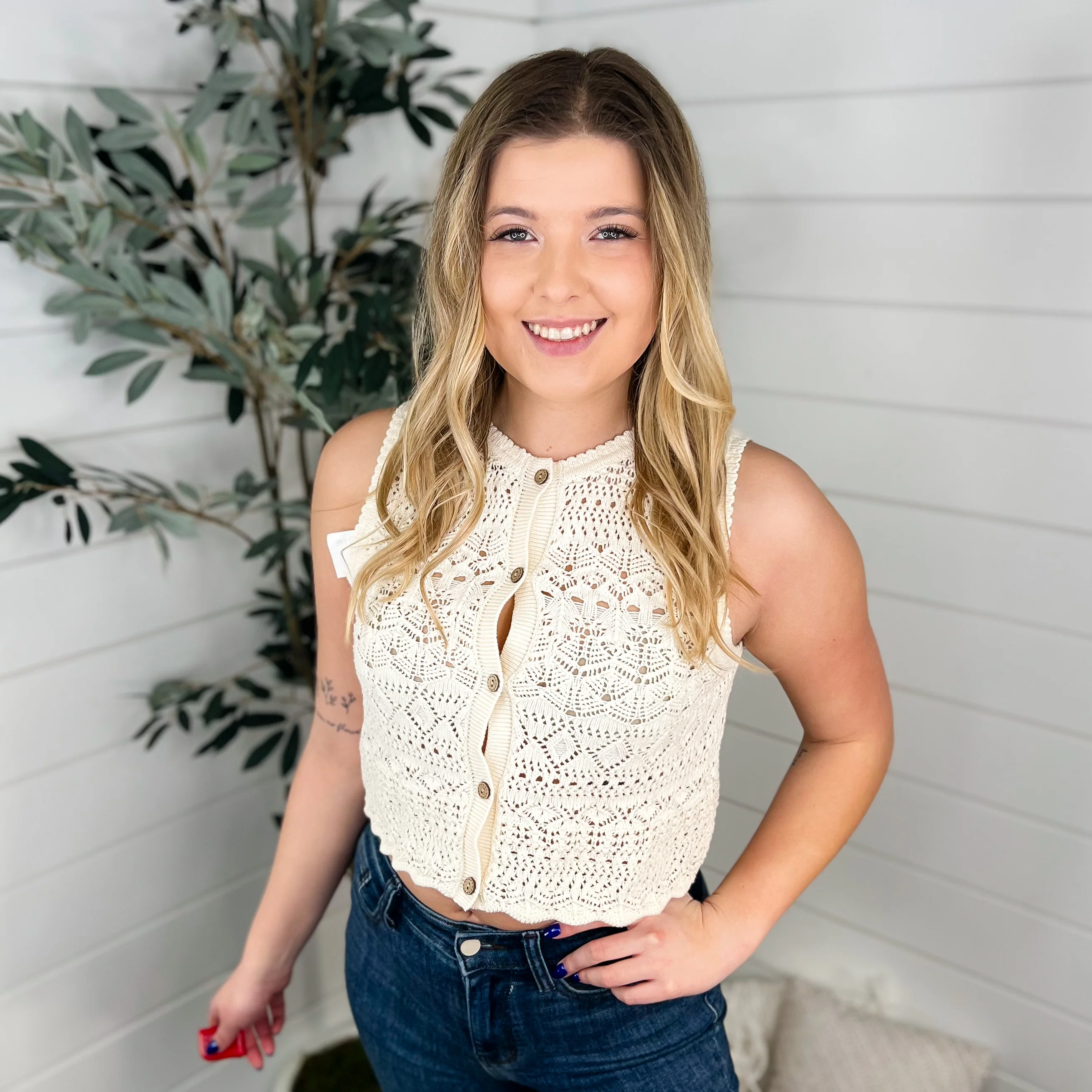 You Got it Cotton Crochet Sand Avery Mae Cropped Tank Top - Image 3